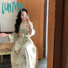 Lunivop Elegant Women Dress New Chinese Style Two Pieces Sets Vintage Slip Sweet Casual Cardigan