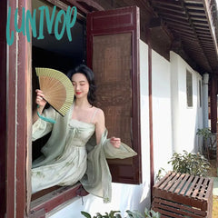 Lunivop Elegant Women Dress New Chinese Style Two Pieces Sets Vintage Slip Sweet Casual Cardigan