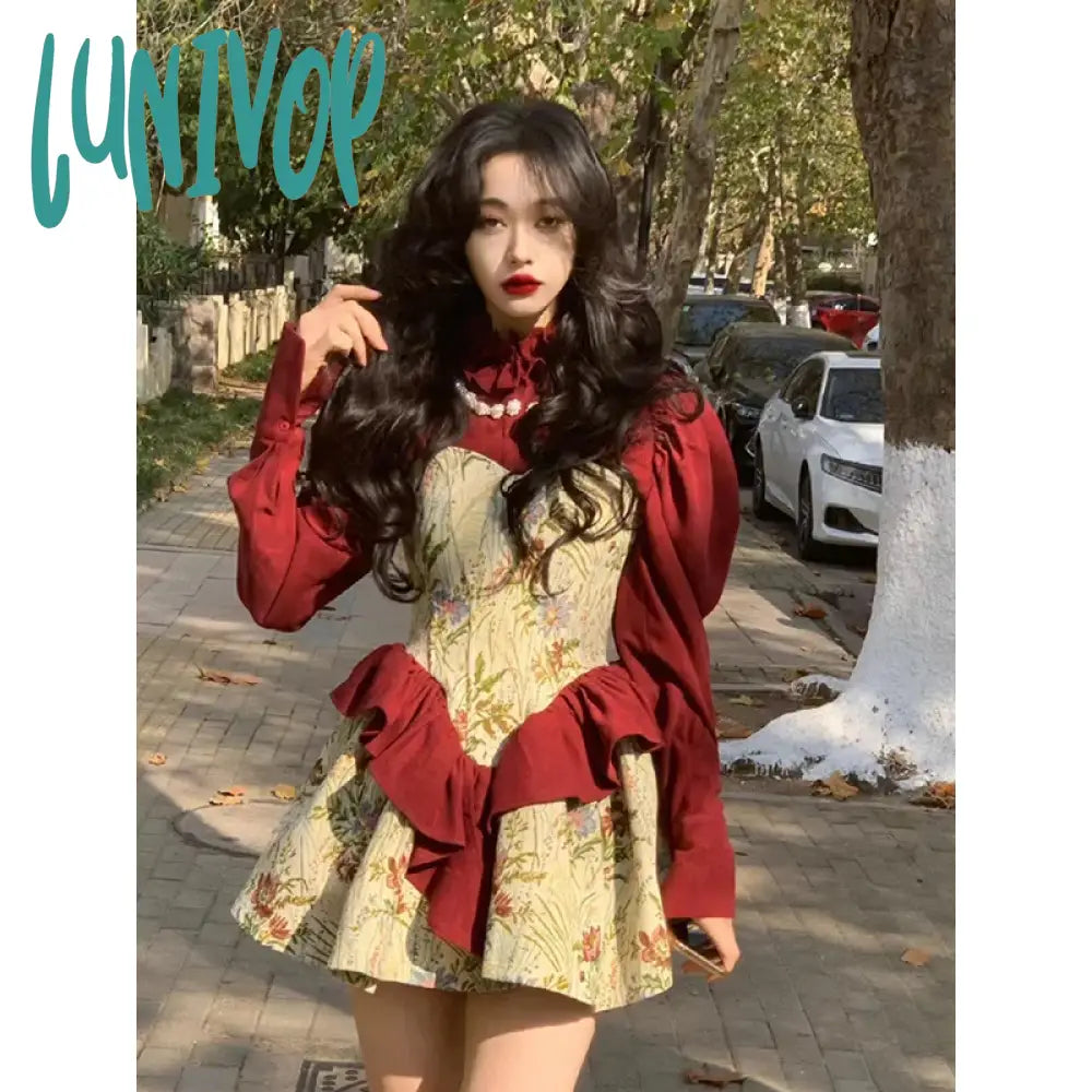 Lunivop Elegant Women Dress Vintage Fairy Princess Long Sleeve Christmas New Year Dresses One-Piece