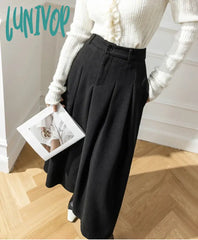Lunivop Elegant Women Faux Woolen Skirts For Office Ladies Pockets Casual Loose A-Line High Waist