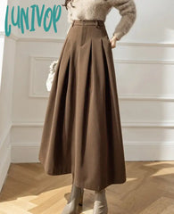 Lunivop Elegant Women Faux Woolen Skirts For Office Ladies Pockets Casual Loose A-Line High Waist