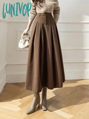 Lunivop Elegant Women Faux Woolen Skirts For Office Ladies Pockets Casual Loose A-Line High Waist