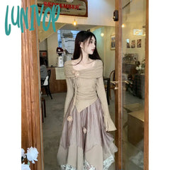 Lunivop Elegant Women Two Pieces Set Y2K New Design Irregular Tops Vintage Office Ladies Midi Skirt