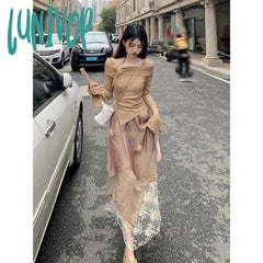 Lunivop Elegant Women Two Pieces Set Y2K New Design Irregular Tops Vintage Office Ladies Midi Skirt