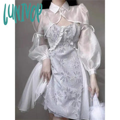 Lunivop Elegant Women Two Pieces Sets Vintage White Embroidered Slip Dress Chinese Style Overall