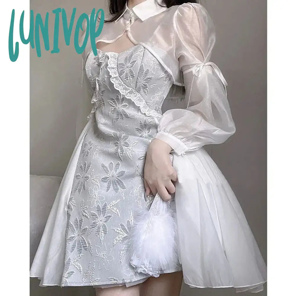 Lunivop Elegant Women Two Pieces Sets Vintage White Embroidered Slip Dress Chinese Style Overall
