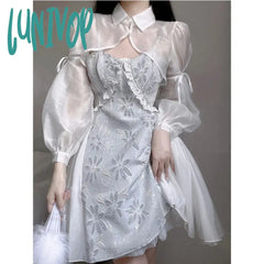 Lunivop Elegant Women Two Pieces Sets Vintage White Embroidered Slip Dress Chinese Style Overall