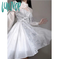 Lunivop Elegant Women Two Pieces Sets Vintage White Embroidered Slip Dress Chinese Style Overall