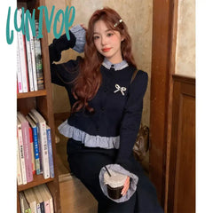 Lunivop Elegant Y2K Women 2 Pieces Sets Vintage Preppy Style Knitted Blouse Casual Shirts Slim Midi