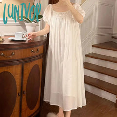 Lunivop Embroidered Cotton Night Dress Vintage Nightgowns Women Summer Puff Sleeve Long Peignoir
