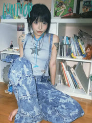 Lunivop Embroidery Star Blue Bottoming Vest For Women Summer New O-Neck Slim Fit Camisole Y2K