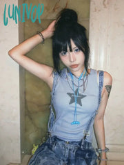 Lunivop Embroidery Star Blue Bottoming Vest For Women Summer New O-Neck Slim Fit Camisole Y2K
