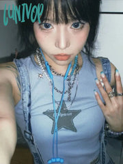 Lunivop Embroidery Star Blue Bottoming Vest For Women Summer New O-Neck Slim Fit Camisole Y2K
