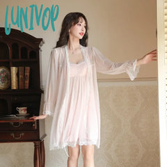 Lunivop Fairy Lace Sleepwear Sexy Mesh Robe Two Piece Set Pijamas Nightwear Spring Vintage Women
