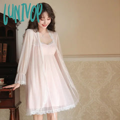 Lunivop Fairy Lace Sleepwear Sexy Mesh Robe Two Piece Set Pijamas Nightwear Spring Vintage Women