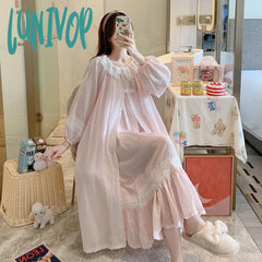 Lunivop Fairy Night Dress Women Autumn Pure Cotton Long Robe Slip Peignoir Sets Princess Sleepwear