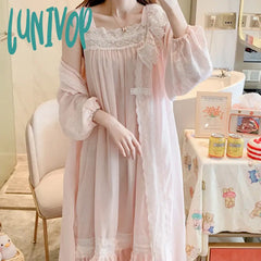Lunivop Fairy Night Dress Women Autumn Pure Cotton Long Robe Slip Peignoir Sets Princess Sleepwear