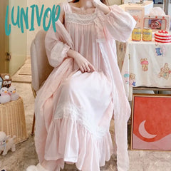 Lunivop Fairy Night Dress Women Autumn Pure Cotton Long Robe Slip Peignoir Sets Princess Sleepwear