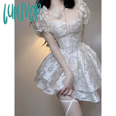 Lunivop Fairy Princess Elegant Women Dress Short Sleeve Vintage Lolita Kawaii New Korean Fashion