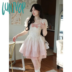 Lunivop Fairy Princess Elegant Women Dress Short Sleeve Vintage Pink Lolita Kawaii New Korean