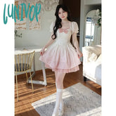 Lunivop Fairy Princess Elegant Women Dress Short Sleeve Vintage Pink Lolita Kawaii New Korean