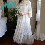 Lunivop Fairy White Night Dress Women Sexy Lace Peignoir Long Sleeve Robe Dressing Gown Vintage
