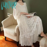 Lunivop Fairy White Night Dress Women Sexy Lace Peignoir Long Sleeve Robe Dressing Gown Vintage