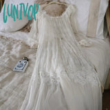 Lunivop Fairy White Night Dress Women Sexy Lace Peignoir Long Sleeve Robe Dressing Gown Vintage