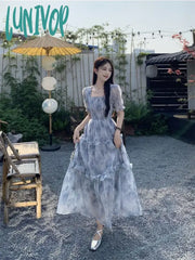 Lunivop Fairycore Flower Long Evening Dress Women Korean Style Puff Sleeve Tunic Graduation Dresses