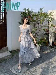 Lunivop Fairycore Flower Long Evening Dress Women Korean Style Puff Sleeve Tunic Graduation Dresses