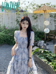 Lunivop Fairycore Flower Long Evening Dress Women Korean Style Puff Sleeve Tunic Graduation Dresses