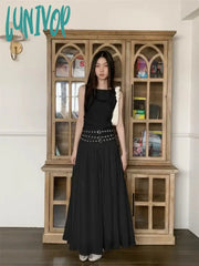 Lunivop Fake Two Pieces Fashion Solid Simple Belt Long Dresses Women Sexy Casual Slash Neck Y2K