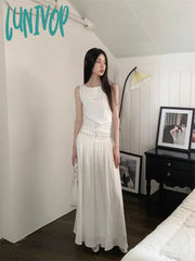 Lunivop Fake Two Pieces Fashion Solid Simple Belt Long Dresses Women Sexy Casual Slash Neck Y2K