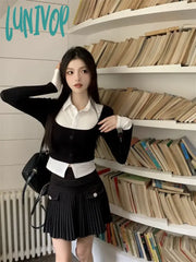 Lunivop Fake Two Pieces Turn Down Collar Long Sleeve T-Shirts Slim Casual Contrast Color Crop Tops