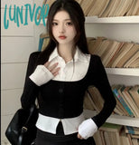 Lunivop Fake Two Pieces Turn Down Collar Long Sleeve T-Shirts Slim Casual Contrast Color Crop Tops