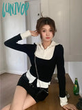 Lunivop Fake Two Pieces Turn Down Collar Long Sleeve T-Shirts Slim Casual Contrast Color Crop Tops