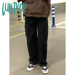 fall outfits men Retro Men's and Women's Pocket Trendy Casual Pants Trousers Loose American Straight High Street Overalls Pants