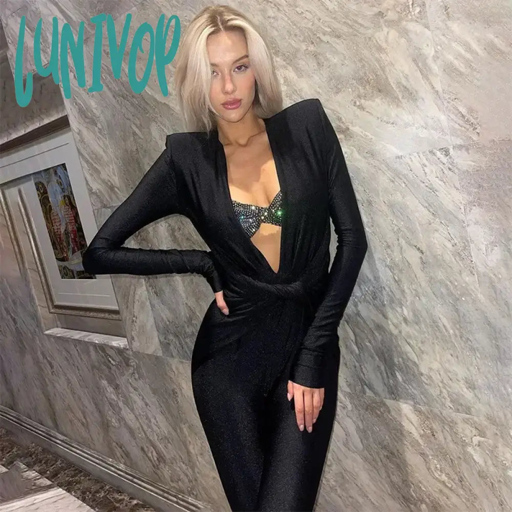 Lunivop Fall Sexy Deep V Neck Ruched Bodycon Jumpsuits For Women Elegant Outfits Unitards Long