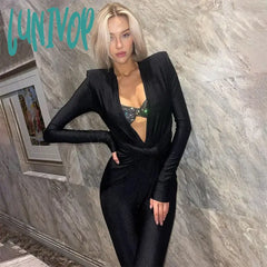 Lunivop Fall Sexy Deep V Neck Ruched Bodycon Jumpsuits For Women Elegant Outfits Unitards Long