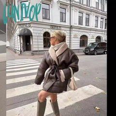 fall trends 2024 outfits Autumn and Winter New American Street Fashion Elegant Contrast Color Design Faux Leather Jacket Warm Lace-up Mid-Length Cotton-Padded Jacket