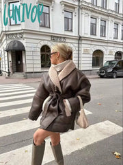 fall trends 2024 outfits Autumn and Winter New American Street Fashion Elegant Contrast Color Design Faux Leather Jacket Warm Lace-up Mid-Length Cotton-Padded Jacket