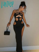 Lunivop Fashion Black Halter Cut Out Hight Waist Split Long Dress Women Club Party Hot Sexy