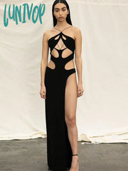 Lunivop Fashion Black Halter Cut Out Hight Waist Split Long Dress Women Club Party Hot Sexy