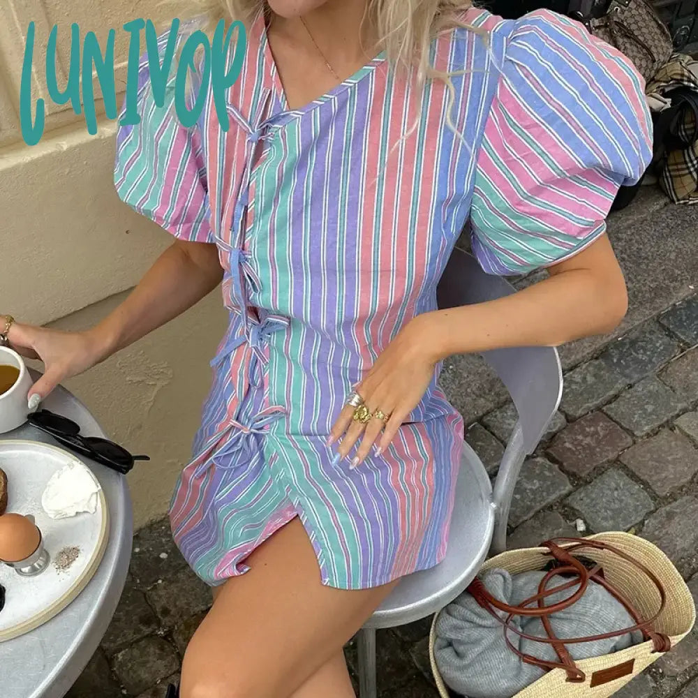 Lunivop Fashion Bow Lace Up Rainbow Stripe Dress For Women Puff Sleeve Mini Slim High Waist Clubs
