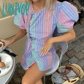 Lunivop Fashion Bow Lace Up Rainbow Stripe Dress For Women Puff Sleeve Mini Slim High Waist Clubs