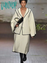 Lunivop Fashion Contrasting Women’s Skirt Set Elegant Lapel V Neck Long Flare Sleeved Coat Suit