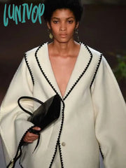 Lunivop Fashion Contrasting Women’s Skirt Set Elegant Lapel V Neck Long Flare Sleeved Coat Suit