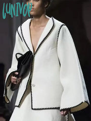 Lunivop Fashion Contrasting Women’s Skirt Set Elegant Lapel V Neck Long Flare Sleeved Coat Suit