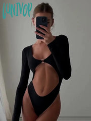 Lunivop Fashion Cut Out Sexy Long Sleeve Bodysuits For Women Elegant O-Ring Metal Slim Tops High