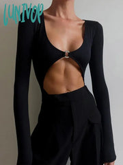 Lunivop Fashion Cut Out Sexy Long Sleeve Bodysuits For Women Elegant O-Ring Metal Slim Tops High